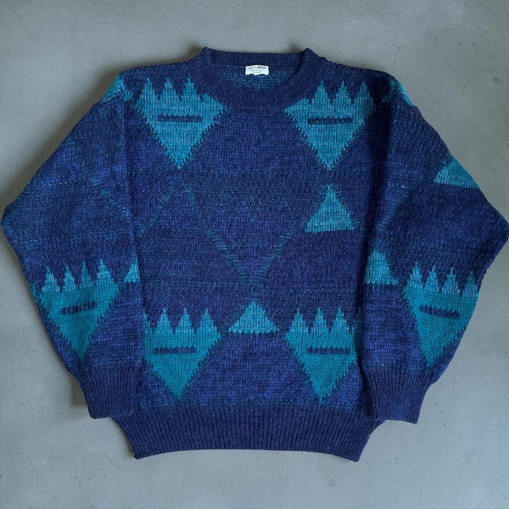 Vintage Equilibrio Italy Mens Blue Teal Geometric Knit Crewneck Sweater CA 02437